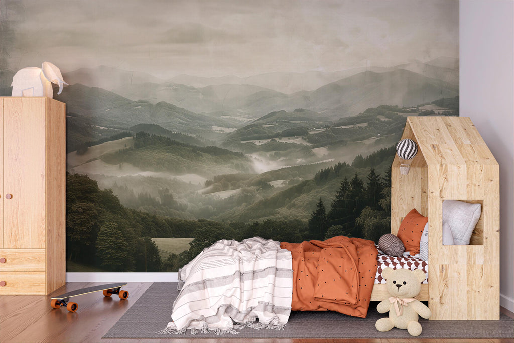 Mountain Valley Wallpaper Mural – Misty Green Landscape Wall Decor for Bedroom, Living Room or Office – Modern Scenic Accent Wall