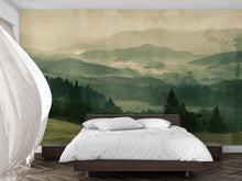 Load image into Gallery viewer, Misty Forest Mountain Wallpaper Mural – Scenic Green Landscape Wall Decor for Bedroom, Living Room or Office – Modern Bold Accent Wall