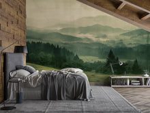Load image into Gallery viewer, Misty Forest Mountain Wallpaper Mural – Scenic Green Landscape Wall Decor for Bedroom, Living Room or Office – Modern Bold Accent Wall