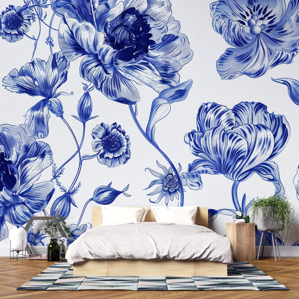Blue and White Floral Wallpaper Mural – Oversized Botanical Wall Decor for Bedroom, Living Room or Office – Modern Bold Accent Wall