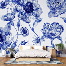 Load image into Gallery viewer, Blue and White Floral Wallpaper Mural – Oversized Botanical Wall Decor for Bedroom, Living Room or Office – Modern Bold Accent Wall