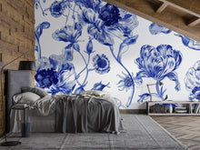 Load image into Gallery viewer, Blue and White Floral Wallpaper Mural – Oversized Botanical Wall Decor for Bedroom, Living Room or Office – Modern Bold Accent Wall