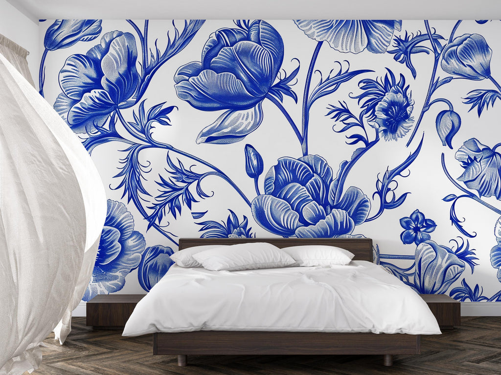 Blue and White Floral Wallpaper Mural – Oversized Botanical Flower Wall Decor for Bedroom, Living Room or Office – Modern Bold Accent