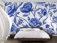 Load image into Gallery viewer, Blue and White Floral Wallpaper Mural – Oversized Botanical Flower Wall Decor for Bedroom, Living Room or Office – Modern Bold Accent
