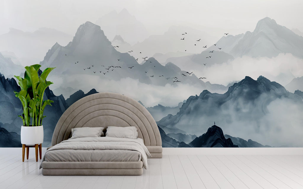 Blue Mountain Wallpaper Mural – Watercolor Misty Landscape Wall Decor for Bedroom, Living Room or Office – Modern Bold Accent Wall
