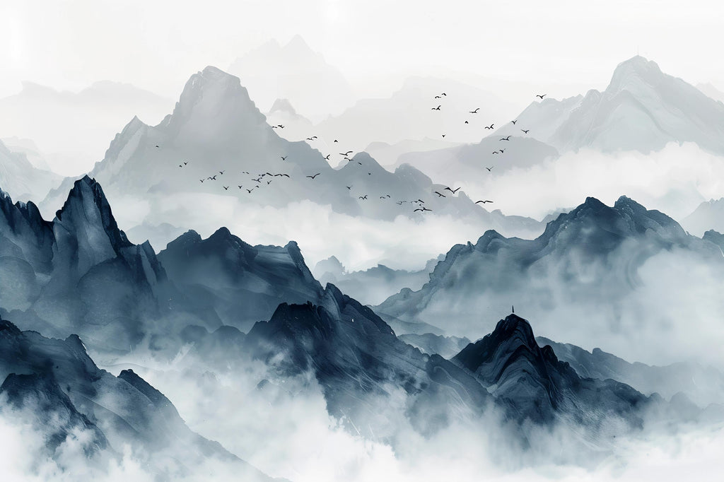 Blue Mountain Wallpaper Mural – Watercolor Misty Landscape Wall Decor for Bedroom, Living Room or Office – Modern Bold Accent Wall