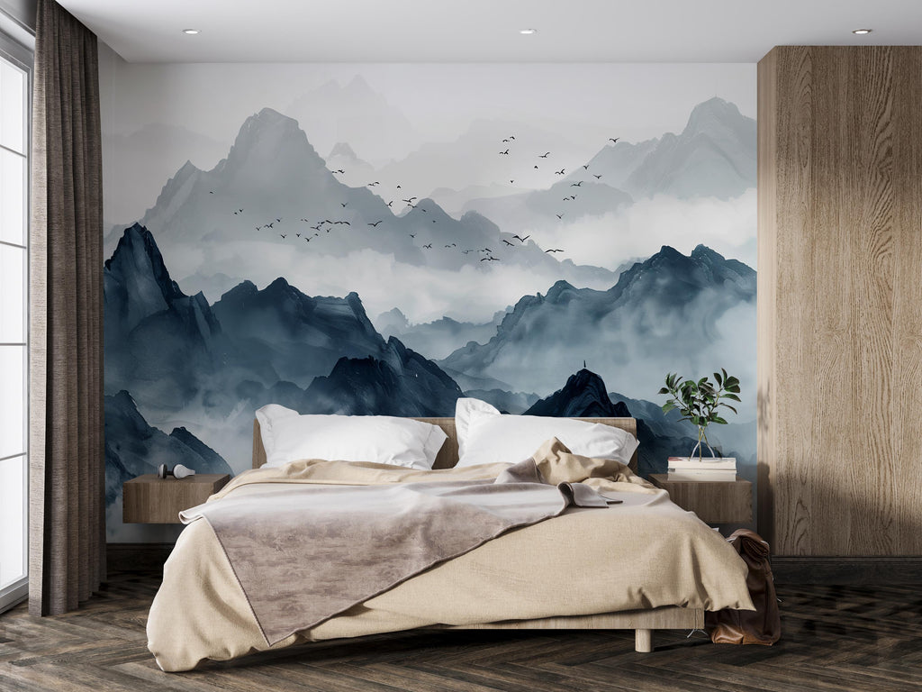 Blue Mountain Wallpaper Mural – Watercolor Misty Landscape Wall Decor for Bedroom, Living Room or Office – Modern Bold Accent Wall
