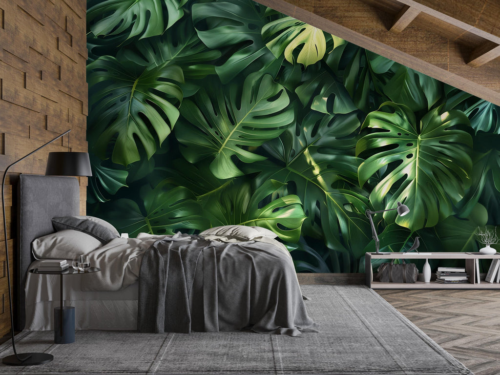 Tropical Monstera Leaf Wallpaper Mural – Bold Green Jungle Wall Decor for Bedroom, Living Room or Office – Modern Stylish Accent Wall