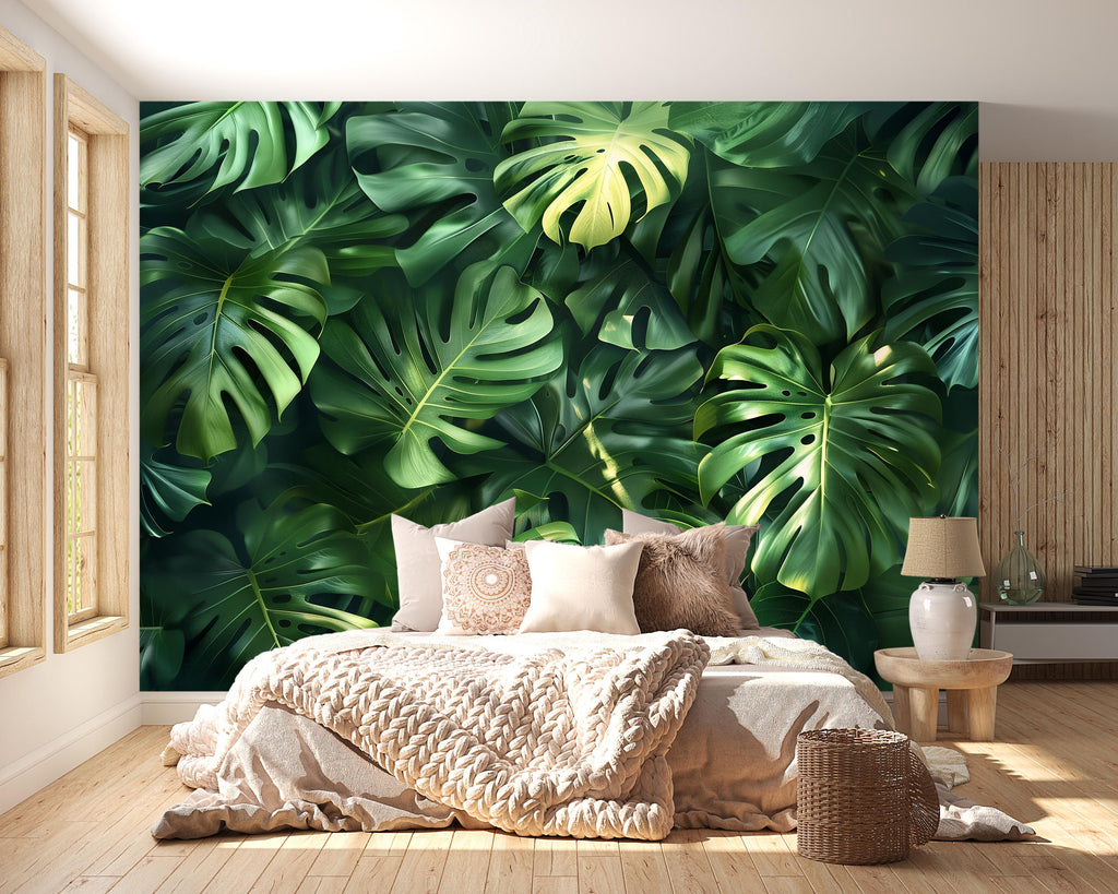 Tropical Monstera Leaf Wallpaper Mural – Bold Green Jungle Wall Decor for Bedroom, Living Room or Office – Modern Stylish Accent Wall