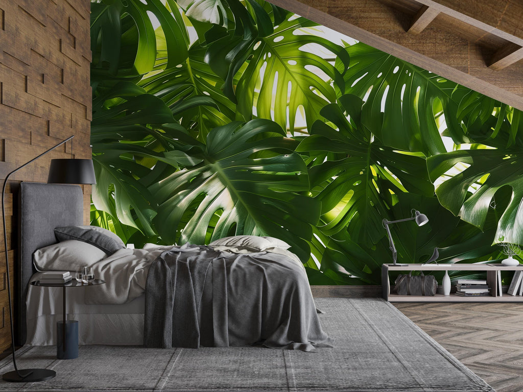 Oversized Monstera Leaf Wallpaper Mural – Bold Tropical Jungle Wall Decor for Bedroom, Living Room or Office – Modern Stylish Accen