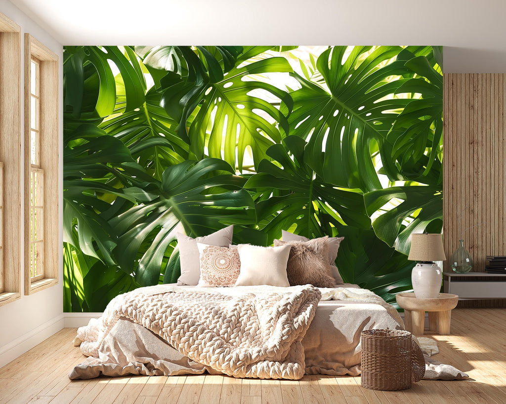 Oversized Monstera Leaf Wallpaper Mural – Bold Tropical Jungle Wall Decor for Bedroom, Living Room or Office – Modern Stylish Accen