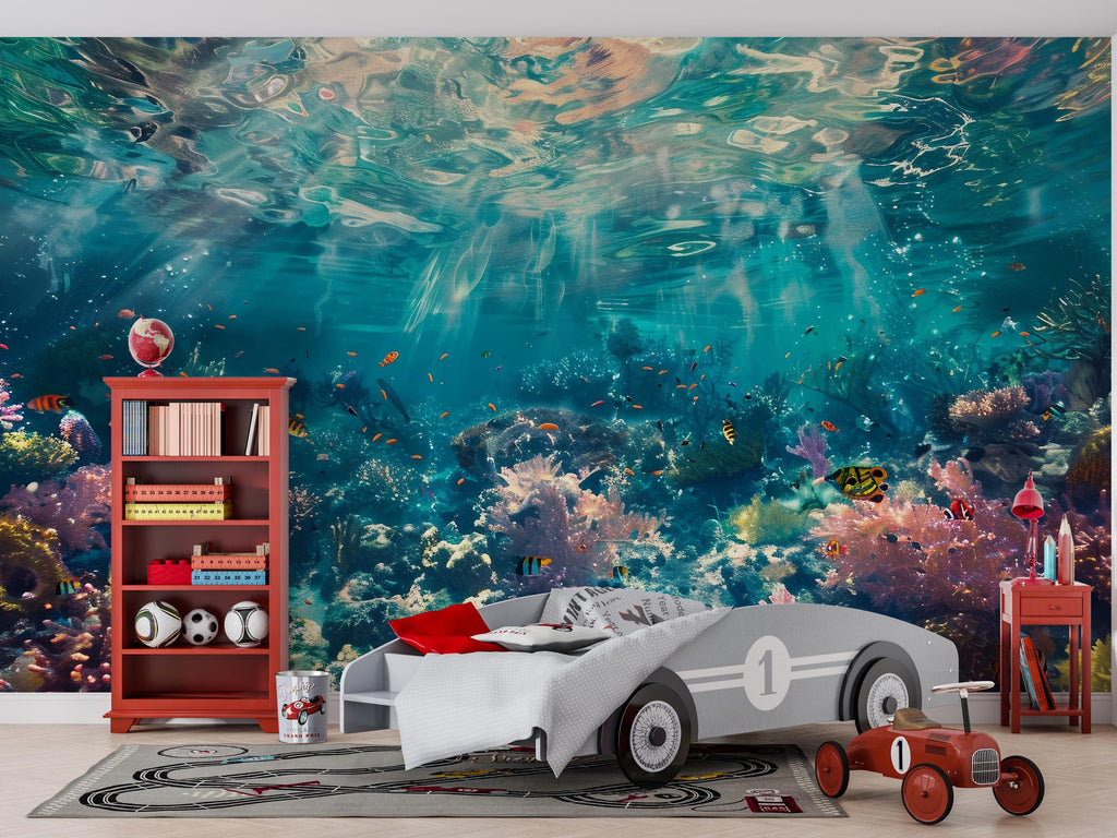 Ocean Underwater Wallpaper Mural – Coral Reef Fish Wall Decor for Kids Room, Bedroom or Living Room – Modern Bold Accent Removable Stylish
