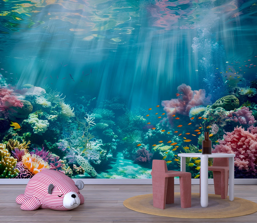 Underwater Ocean Wallpaper Mural – Coral Reef Fish Wall Decor for Kids Room, Nursery or Living Room – Modern Bold Accent Wall Removable