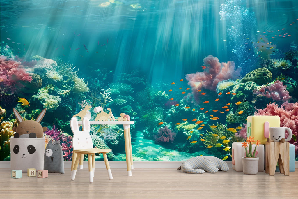 Underwater Ocean Wallpaper Mural – Coral Reef Fish Wall Decor for Kids Room, Nursery or Living Room – Modern Bold Accent Wall Removable