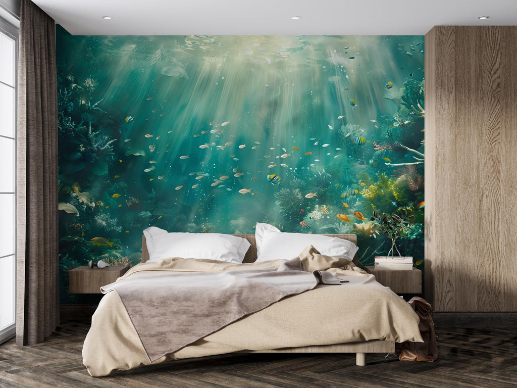 Underwater Ocean Wallpaper Mural – Deep Sea Coral Reef Fish Wall Decor for Bedroom, Kids Room or Living Room – Modern Bold Accent