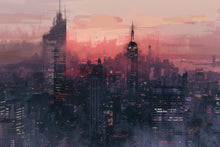 Load image into Gallery viewer, City Skyline Wallpaper Mural – Futuristic Sunset Urban Wall Decor for Bedroom, Living Room or Office – Modern Bold Accent Wall Removable