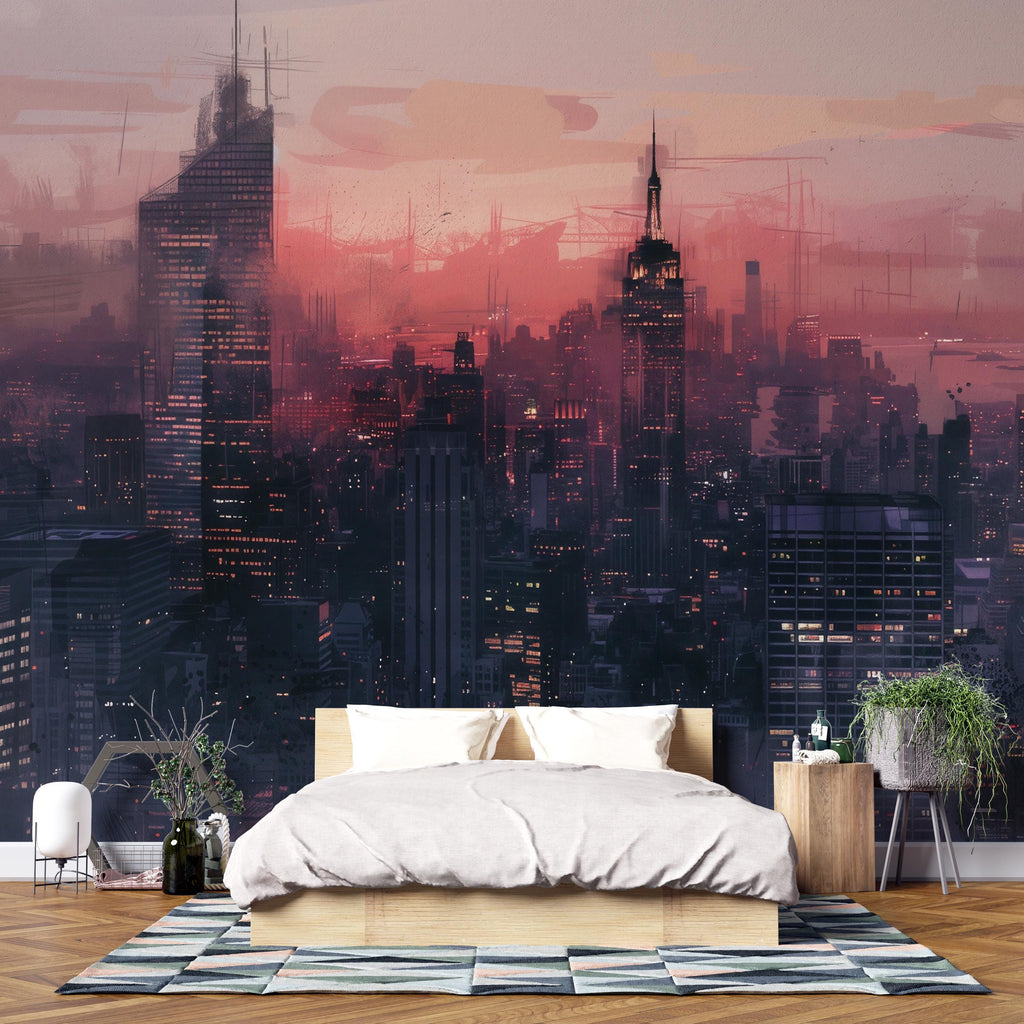 City Skyline Wallpaper Mural – Futuristic Sunset Urban Wall Decor for Bedroom, Living Room or Office – Modern Bold Accent Wall Removable