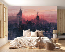 Load image into Gallery viewer, City Skyline Wallpaper Mural – Futuristic Sunset Urban Wall Decor for Bedroom, Living Room or Office – Modern Bold Accent Wall Removable