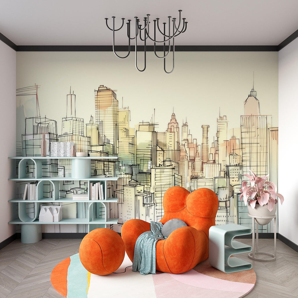 Sketch City Skyline Wallpaper Mural – Hand Drawn Urban Wall Decor for Kids Room, Bedroom or Office – Modern Bold Accent Removable Stylish