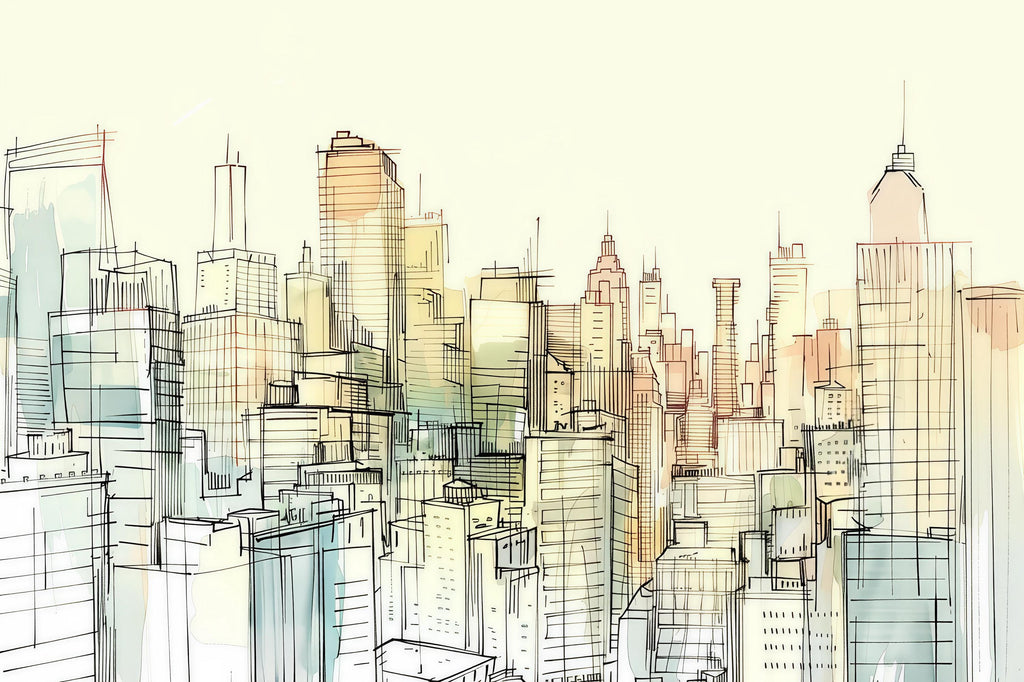 Sketch City Skyline Wallpaper Mural – Hand Drawn Urban Wall Decor for Kids Room, Bedroom or Office – Modern Bold Accent Removable Stylish