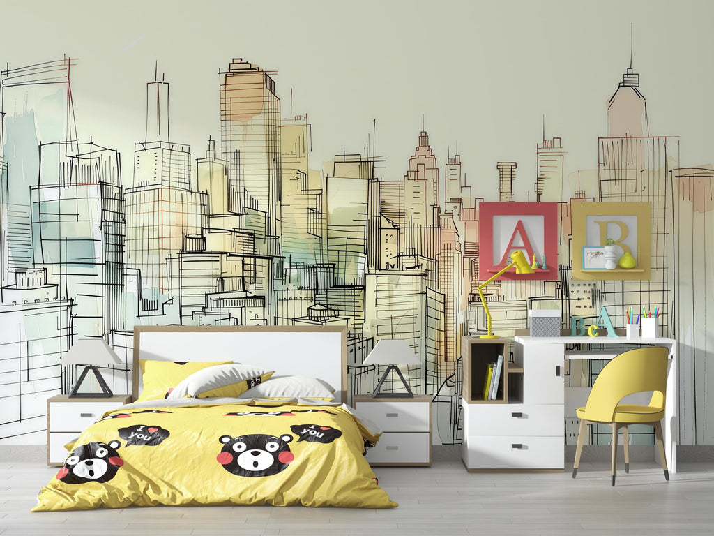 Sketch City Skyline Wallpaper Mural – Hand Drawn Urban Wall Decor for Kids Room, Bedroom or Office – Modern Bold Accent Removable Stylish