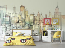 Load image into Gallery viewer, Sketch City Skyline Wallpaper Mural – Hand Drawn Urban Wall Decor for Kids Room, Bedroom or Office – Modern Bold Accent Removable Stylish