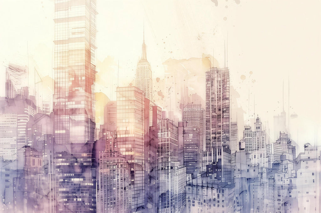 Watercolor City Skyline Wallpaper Mural – Urban Skyline Wall Decor for Bedroom, Living Room or Office – Modern Bold Accent Removable Stylish