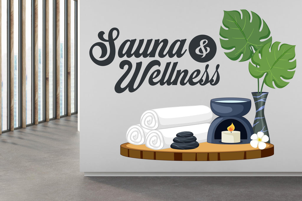 Spa Wall Decal Sauna & Wellness Sign | Spa Salon Decor | Relaxation Wall Art | Towel Candle Stones Plant | Wellness Center Decoration 678LU