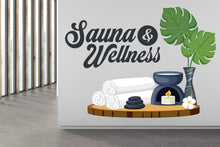 Load image into Gallery viewer, Spa Wall Decal Sauna &amp; Wellness Sign | Spa Salon Decor | Relaxation Wall Art | Towel Candle Stones Plant | Wellness Center Decoration 678LU