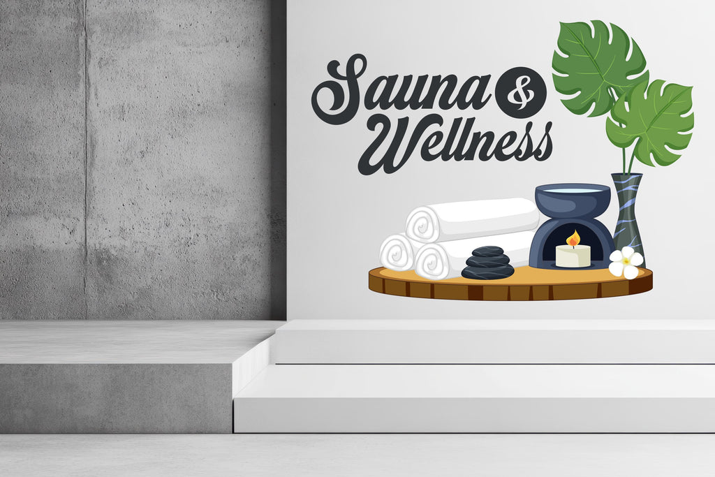 Spa Wall Decal Sauna & Wellness Sign | Spa Salon Decor | Relaxation Wall Art | Towel Candle Stones Plant | Wellness Center Decoration 678LU