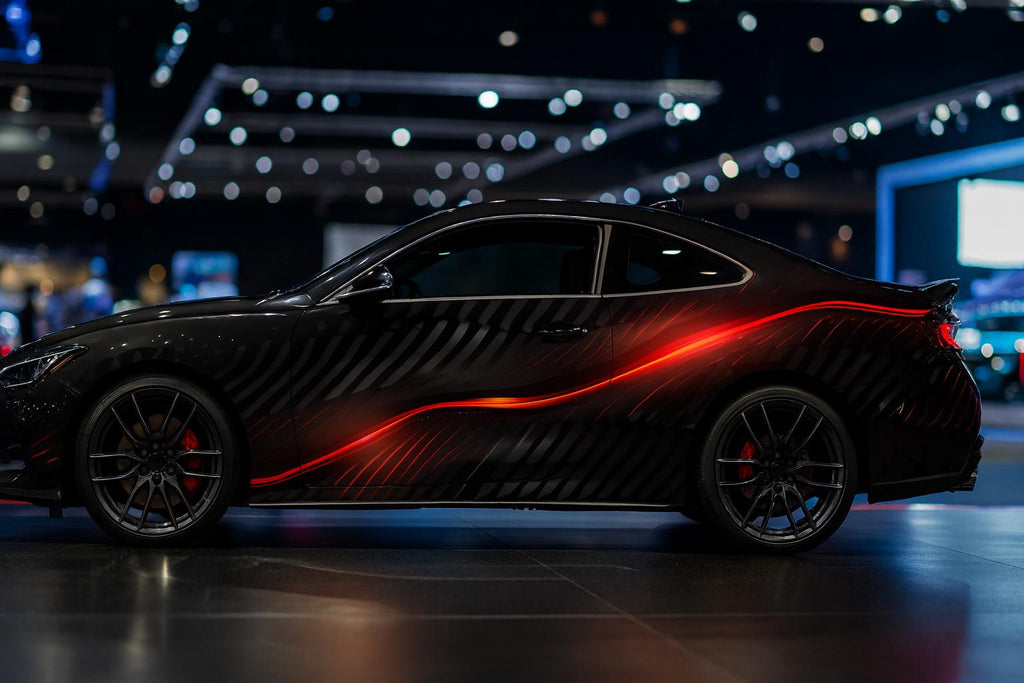 Futuristic Red Neon Car Wrap | Black Matte Sports Car Vinyl | Custom Racing Wrap | Gift for Car Lovers | Holiday Auto Art | High-Tech