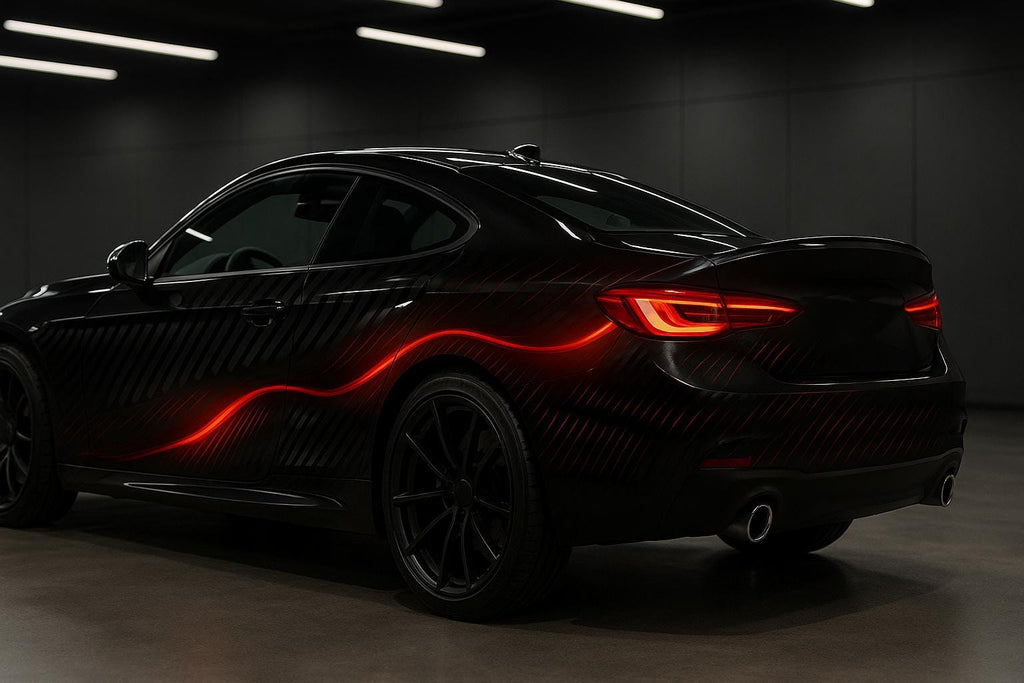 Futuristic Red Neon Car Wrap | Black Matte Sports Car Vinyl | Custom Racing Wrap | Gift for Car Lovers | Holiday Auto Art | High-Tech