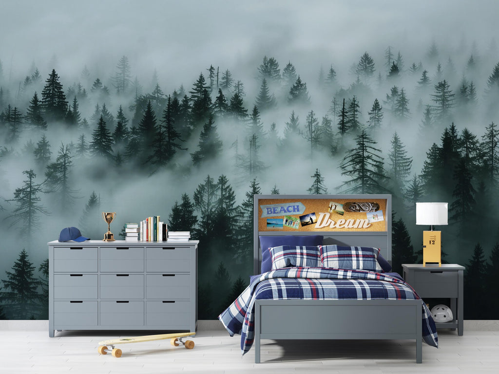 Foggy Pine Forest Wallpaper Mural – Dark Green Woodland Wall Decor for Bedroom, Living Room or Kids Room – Modern Bold Accent Removable
