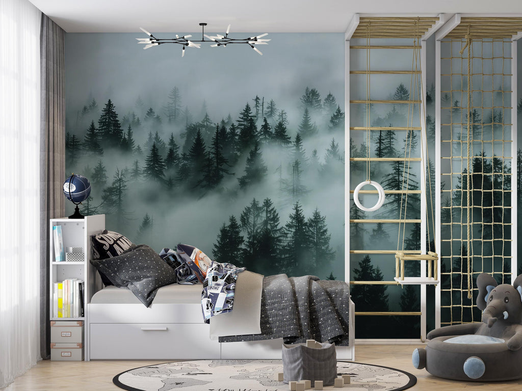 Foggy Pine Forest Wallpaper Mural – Dark Green Woodland Wall Decor for Bedroom, Living Room or Kids Room – Modern Bold Accent Removable