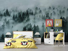 Load image into Gallery viewer, Foggy Pine Forest Wallpaper Mural – Dark Green Woodland Wall Decor for Bedroom, Living Room or Kids Room – Modern Bold Accent Removable