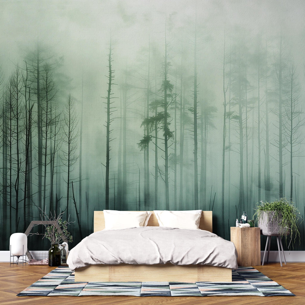 Misty Forest Wallpaper Mural – Dark Green Woodland Wall Decor for Bedroom, Living Room or Office – Modern Bold Accent Wall Removable