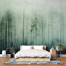 Load image into Gallery viewer, Misty Forest Wallpaper Mural – Dark Green Woodland Wall Decor for Bedroom, Living Room or Office – Modern Bold Accent Wall Removable