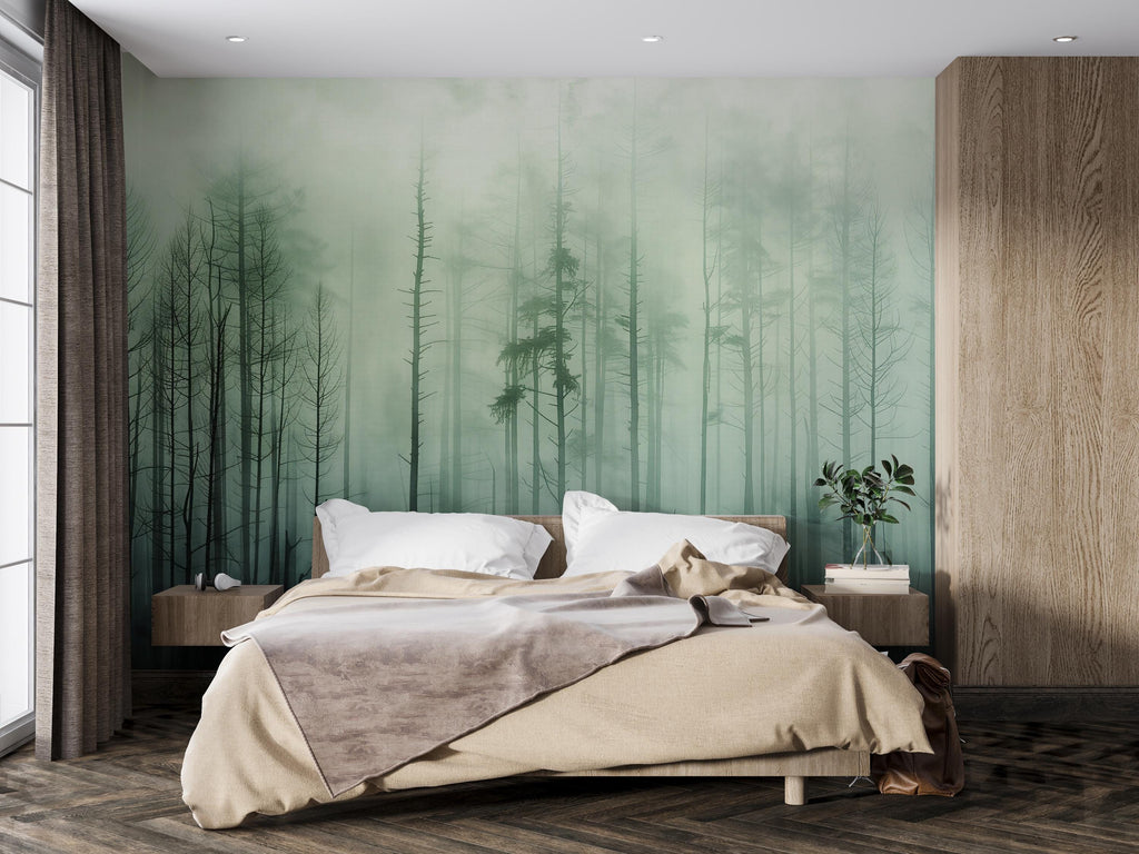 Misty Forest Wallpaper Mural – Dark Green Woodland Wall Decor for Bedroom, Living Room or Office – Modern Bold Accent Wall Removable