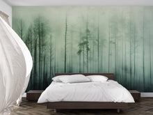Load image into Gallery viewer, Misty Forest Wallpaper Mural – Dark Green Woodland Wall Decor for Bedroom, Living Room or Office – Modern Bold Accent Wall Removable