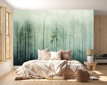 Load image into Gallery viewer, Misty Forest Wallpaper Mural – Dark Green Woodland Wall Decor for Bedroom, Living Room or Office – Modern Bold Accent Wall Removable