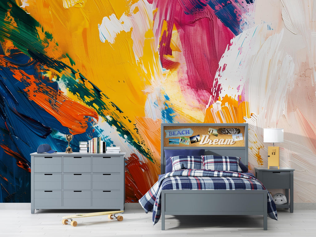 Abstract Colorful Paint Stroke Wallpaper Mural – Modern Artistic Wall Decor for Bedroom, Living Room or Kids Room – Bold Accent Removable