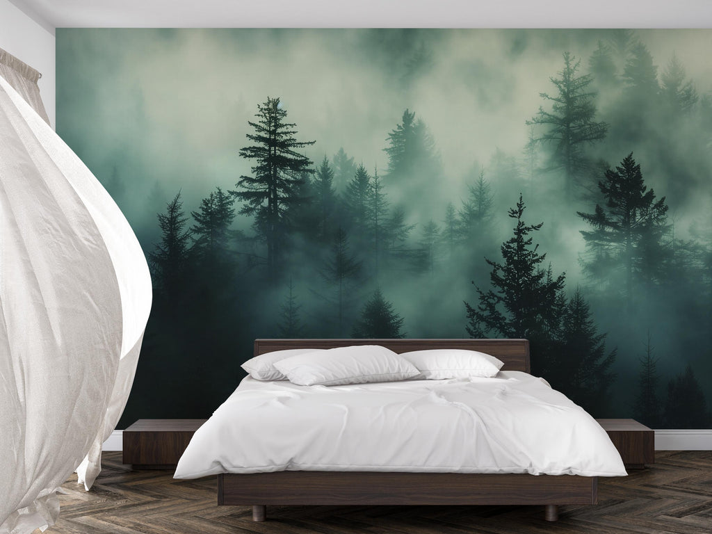 Dark Misty Pine Forest Wallpaper Mural – Moody Woodland Wall Decor for Bedroom, Living Room or Office – Modern Bold Accent Removable