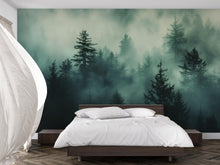 Load image into Gallery viewer, Dark Misty Pine Forest Wallpaper Mural – Moody Woodland Wall Decor for Bedroom, Living Room or Office – Modern Bold Accent Removable