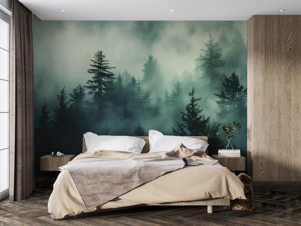 Dark Misty Pine Forest Wallpaper Mural – Moody Woodland Wall Decor for Bedroom, Living Room or Office – Modern Bold Accent Removable