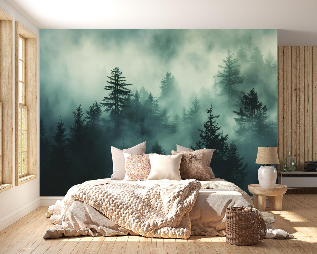 Dark Misty Pine Forest Wallpaper Mural – Moody Woodland Wall Decor for Bedroom, Living Room or Office – Modern Bold Accent Removable