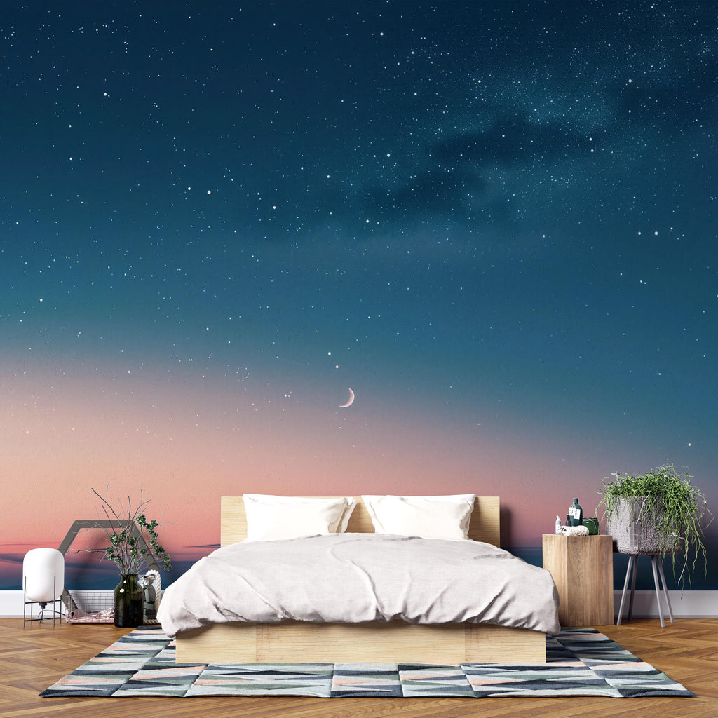 Starry Night Sky Wallpaper Mural – Moon and Stars Wall Decor for Bedroom or Living Room – Modern Celestial Removable Peel and Stick Stylish