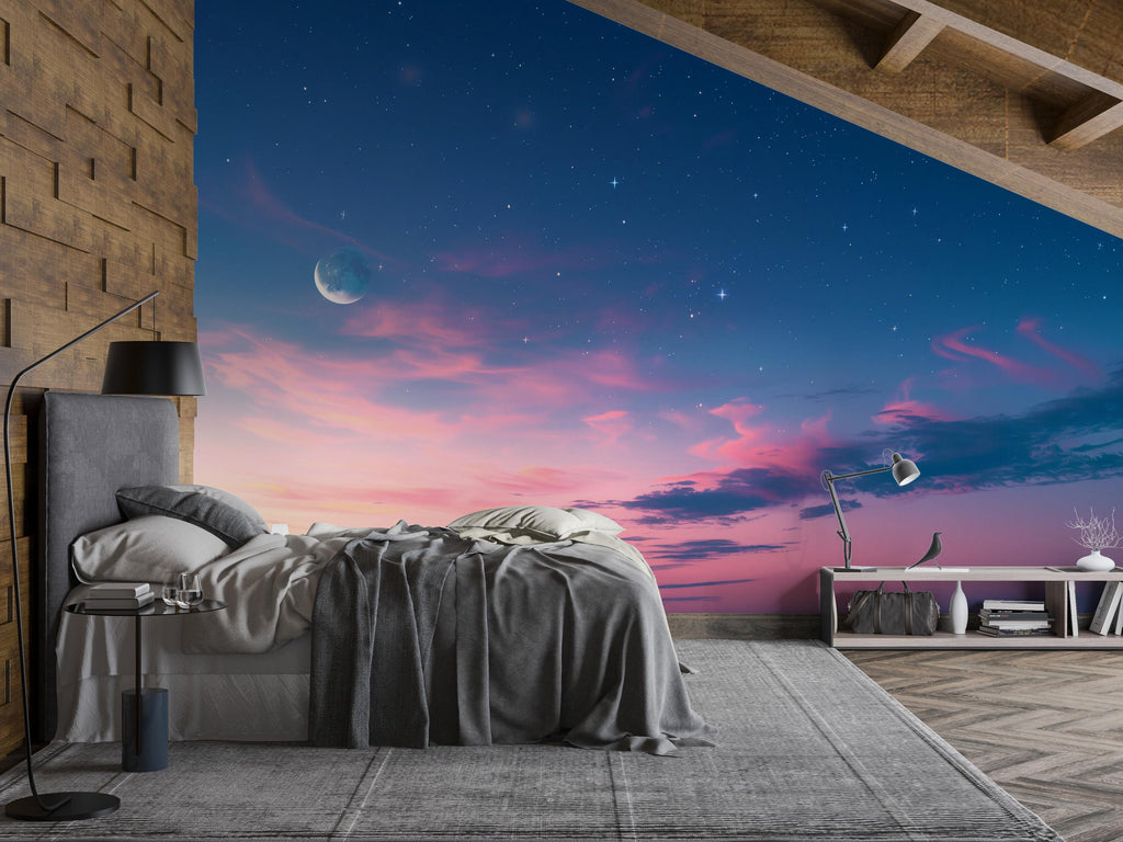 Galaxy Sunset Sky Wallpaper Mural – Moon and Stars Wall Decor for Bedroom or Living Room – Modern Celestial Peel and Stick Stylish Wall Art