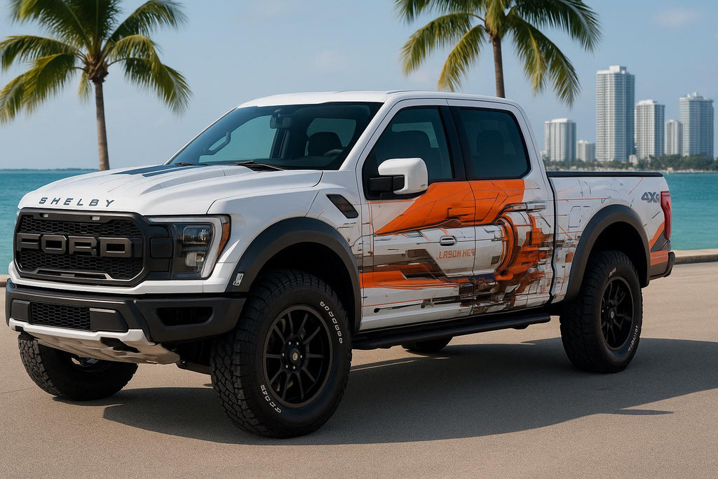 Futuristic Orange Truck Wrap | Truck Vinyl Design | Gift for Him | Tech-Inspired Car Wrap | Holiday Car Lover Gift | Custom Vehicle Graphics