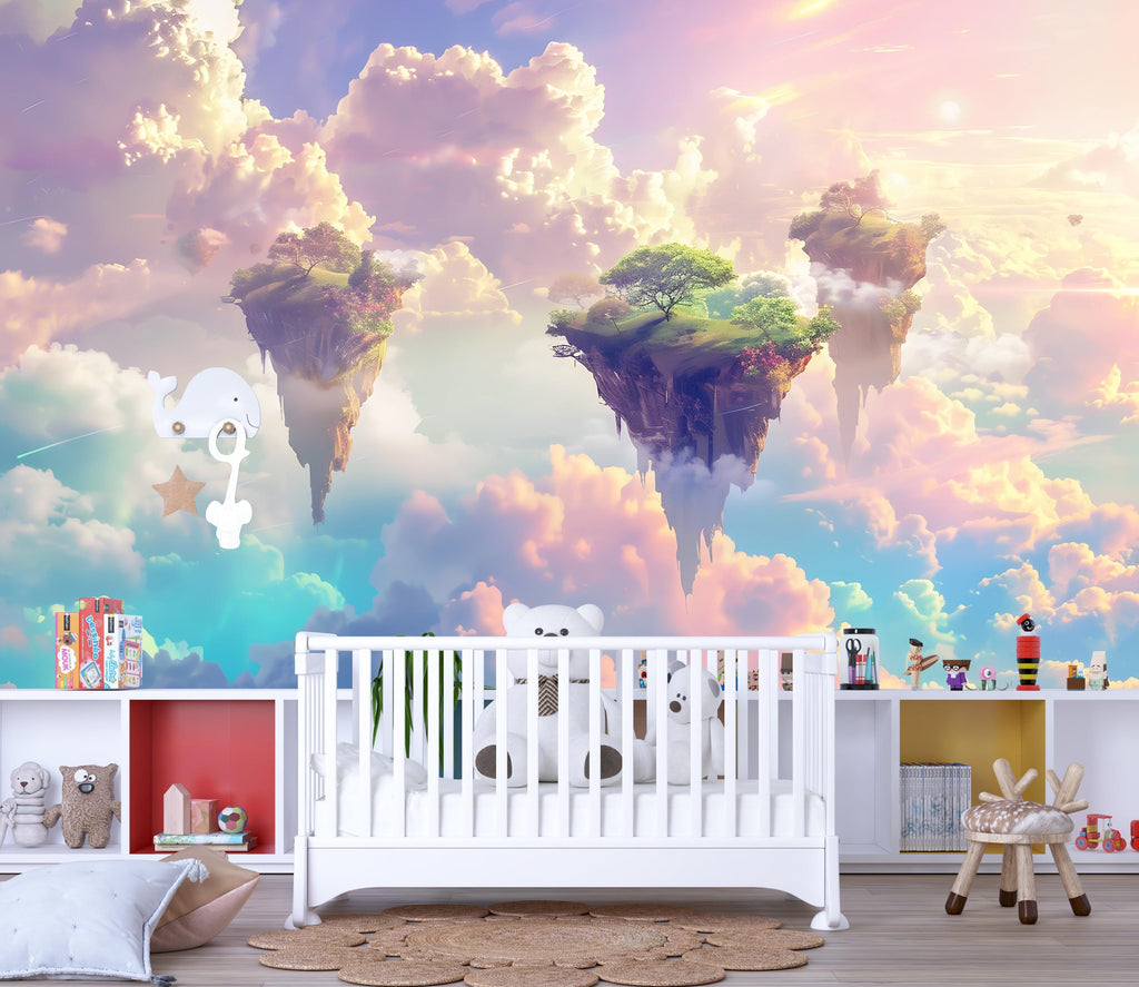 Fantasy Floating Island Wallpaper Mural, Surreal Sky Cloud Wall Art, Dreamy Kids Room Decor, Bold Modern 3D Wallpaper for Bedroom or Nursery