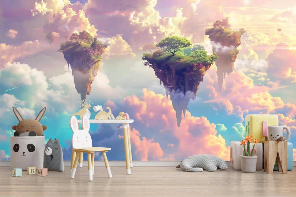 Fantasy Floating Island Wallpaper Mural, Surreal Sky Cloud Wall Art, Dreamy Kids Room Decor, Bold Modern 3D Wallpaper for Bedroom or Nursery
